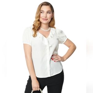 Unique Vintage Ivory Short Sleeve Ruffle Blouse